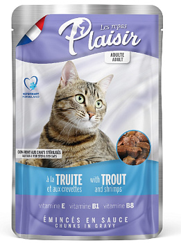 Plaisir Кусочки в соусе для кошек (форель и креветка), 100г